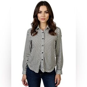 (B-64) Jolt long sleeves womens blouse dark blue and ivory size L‎